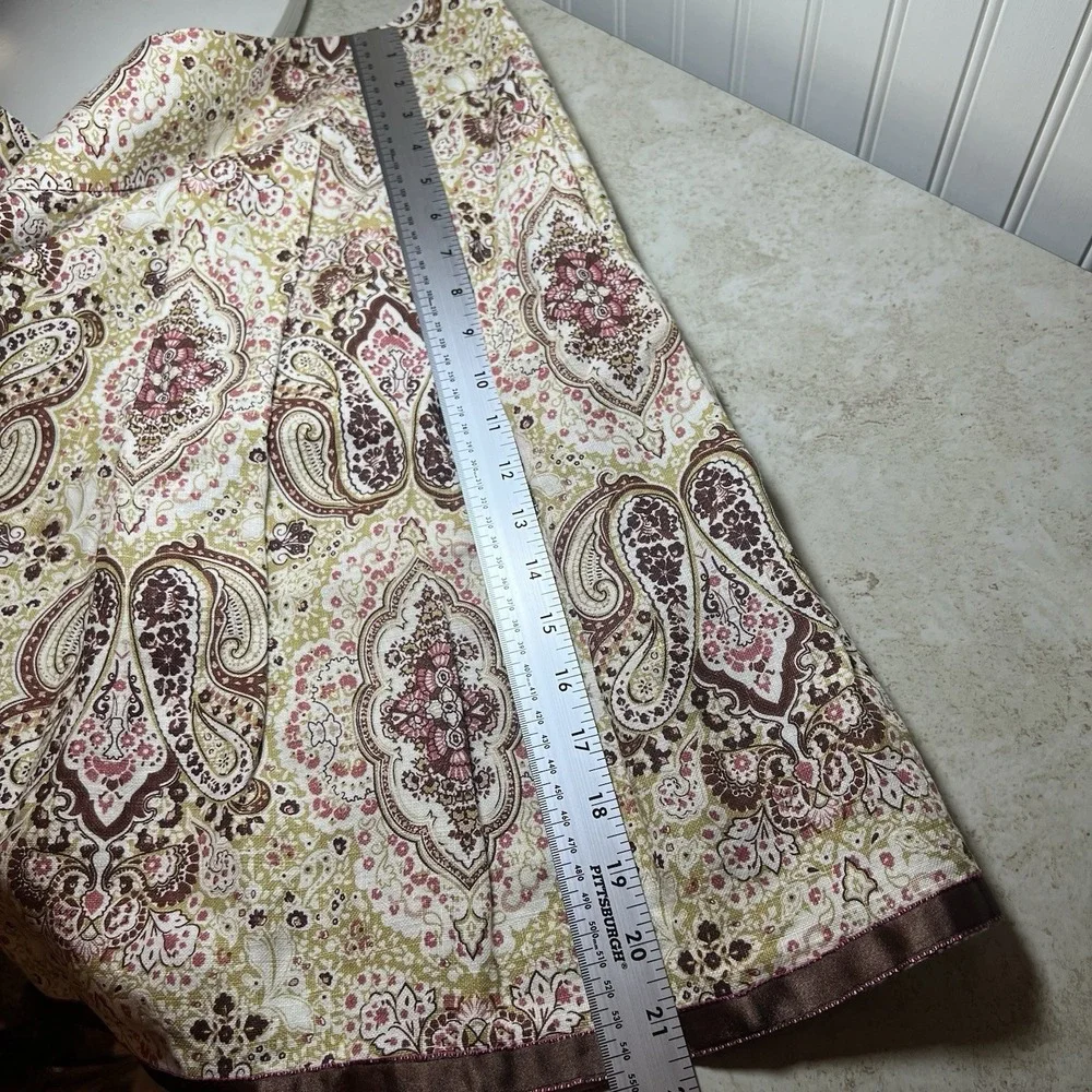 VTG Arden B Y2K Paisley Linen A-Line Skirt‎ Sz 10 Pleated Satin Trim Made in USA